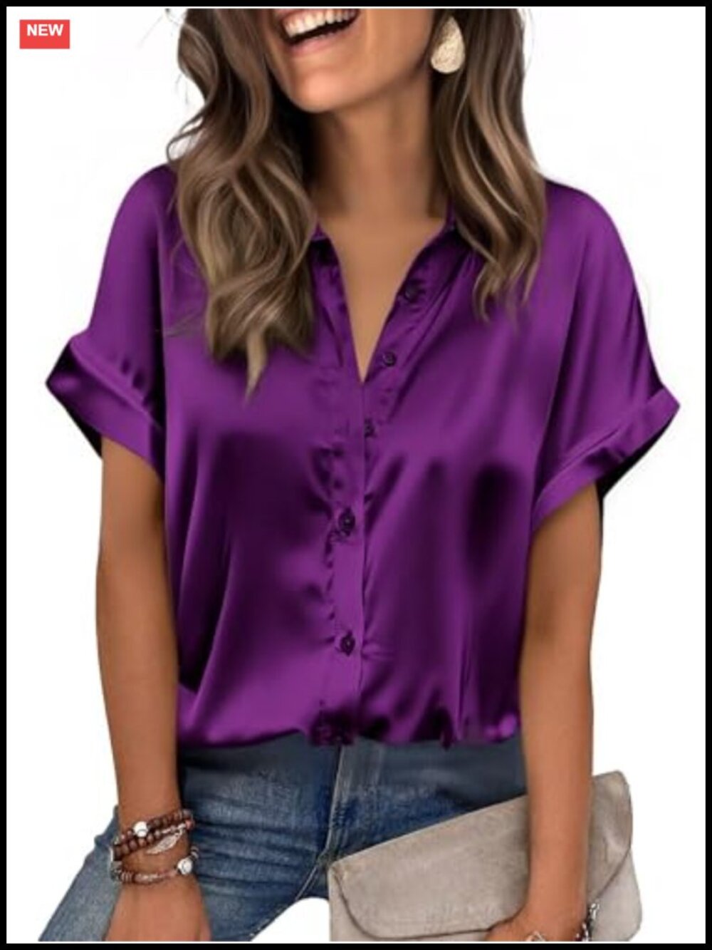 Satin Short Sleeve Button Down Blouse V-Neck Lightweight Shirt for Office